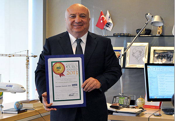 Dr Sani Şener, President and CEO TAV Airports Holding cradles his Euro ANNIE Airport traffic growth award.