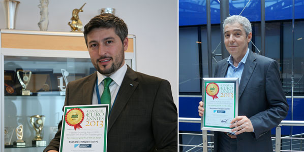 Bucharest Otopeni was so pleased with this award that it posed for it twice: With CEO Cornel Constantin Poterasu in front of the other the airport’s ‘other’ trophies, and then with Liviu Radu, Bucharest Airports National Company General Manager in less modest surroundings.