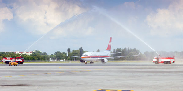 Welcomed in the Ukrainian Airport with the traditional water cannon salute.