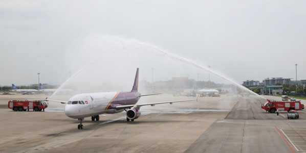 Cambodia Angkor Air – Siem Reap to Guangzhou Airport water cannon salute