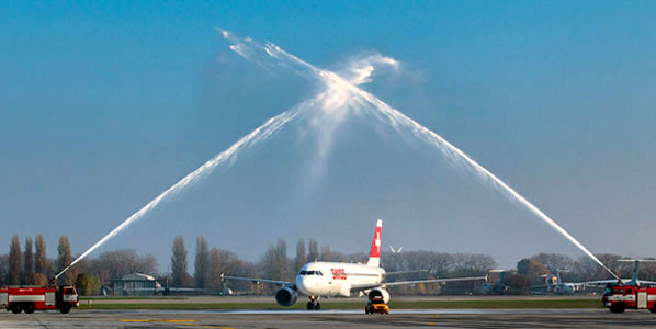 The water cannon salute for SWISS' Zurich to Kiev Boryspil 