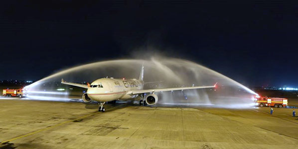 The water cannon salute for Etihad Airways' Abu Dhabi to Manila, 1 October 