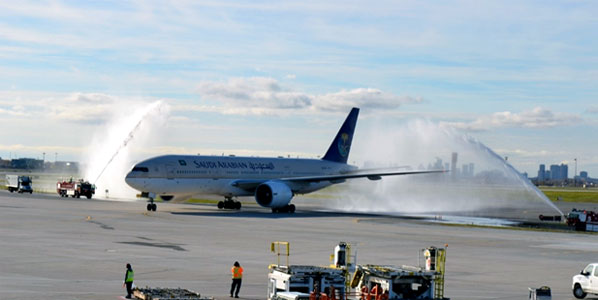 The water cannon salute for Saudi Arabian Airlines' Jeddah to Toronto.