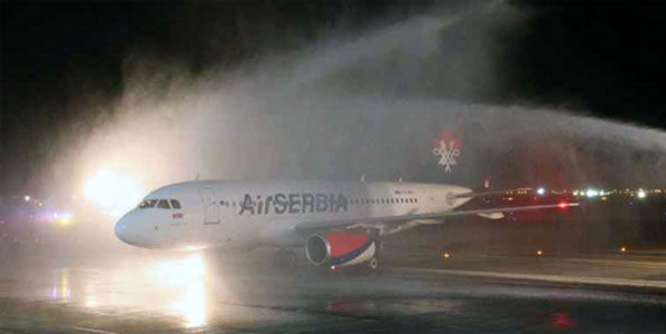 The water arch ceremony for the arrival of Air Serbia at Abu Dhabi Airport.