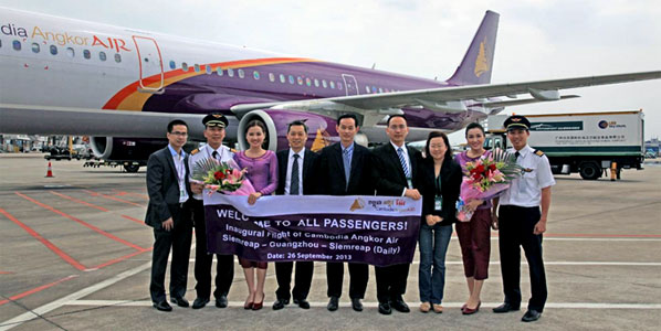 Cambodia Angkor Air's inaugural flight from Siem Reap being welcomed in Guangzhou on 26 September