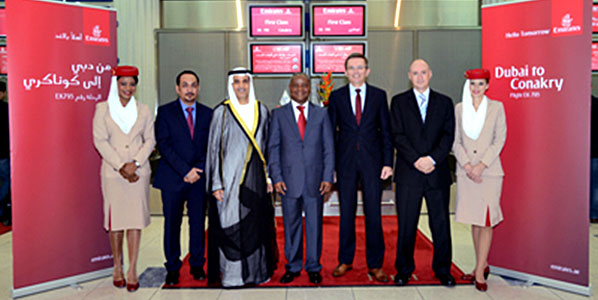 Posing for a commemorative picture in Conakry were Adil Al Ghaith, Emirates’ VP Commercial Operations Northern and Western Africa; Khalid Ghanem Al Ghaith, UAE Assistant Foreign Minister for Economic Affairs; AlHassane Souare, Guinean Ambassador to the UAE; Hubert Frach, Emirates’ Divisional SVP Commercial Operations West; and Duncan Christopher Watson, Emirates’ VP Cargo Commercial.