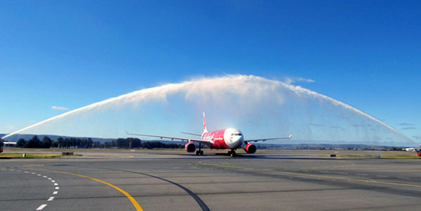 Water cannon salute for AirAsia X's Kuala Lumpur to Adelaide 4 November