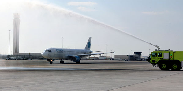 Water cannon salute for Jazeera Airways Kuwait City to Dubai Al Maktoum 31 October