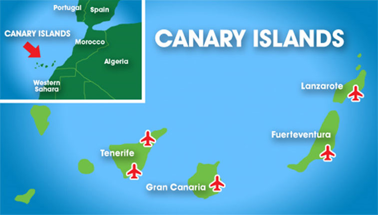 A map of the Canary Islands, indicating major airports in the area.