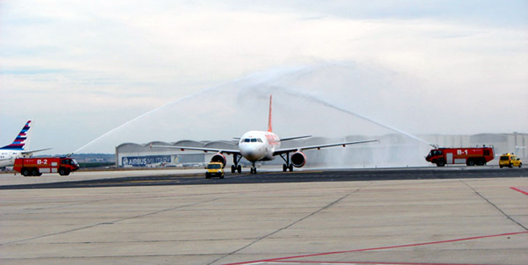 The water cannon salute for easyJet's Basel to Seville.