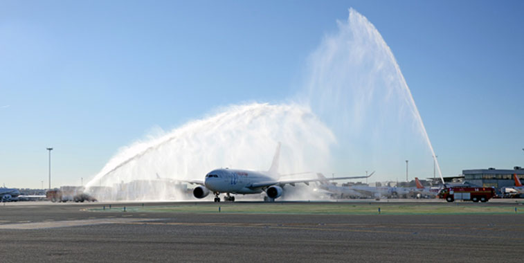 The water cannon salute for AirEuropa's Madrid to Sao Paulo Guarulhos.