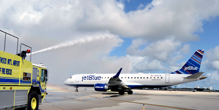 Water cannon salute for JetBlue Airways' Fort Lauderdale to Port-au-Prince.