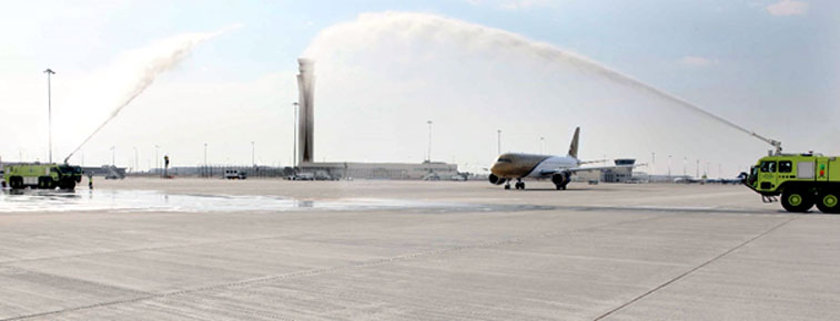 Water cannon salute for Gulf Air's Bahrain to Dubai Al Maktoum.