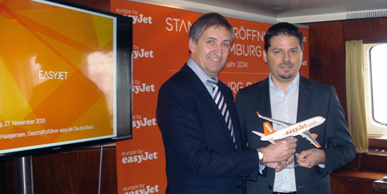 Hamburg Airport CEO Michael Eggenschwiler (left) celebrated his birthday with the announcement of easyJet’s 10 new routes for its based operations next summer with easyJet Country Manager for Germany, Thomas Haagensen (right). 