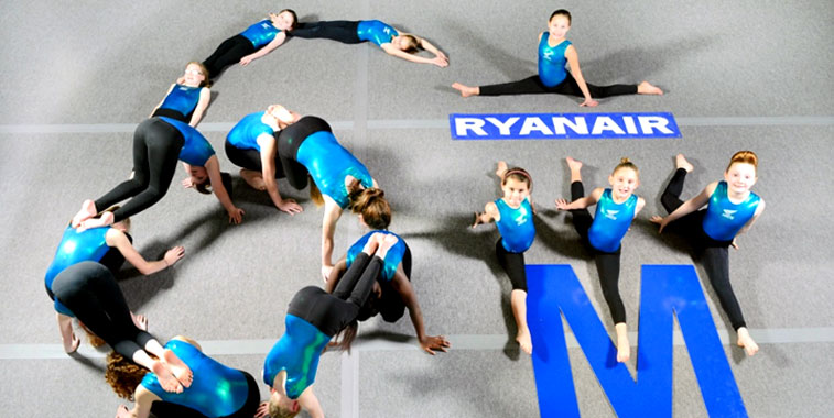 Gymnasts show off Ryanair's six million passengers at Leeds Bradford.