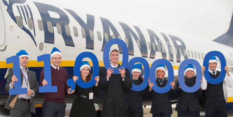Ryanair achieved the 11 million passenger milestone at Edinburgh Airport on 10 December