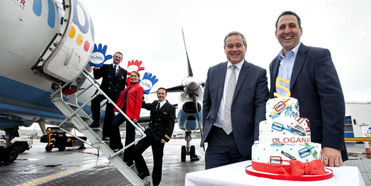 flybe celebrated the fifth anniversary of its franchise arrangement with Scottish carrier Loganair with this cake.