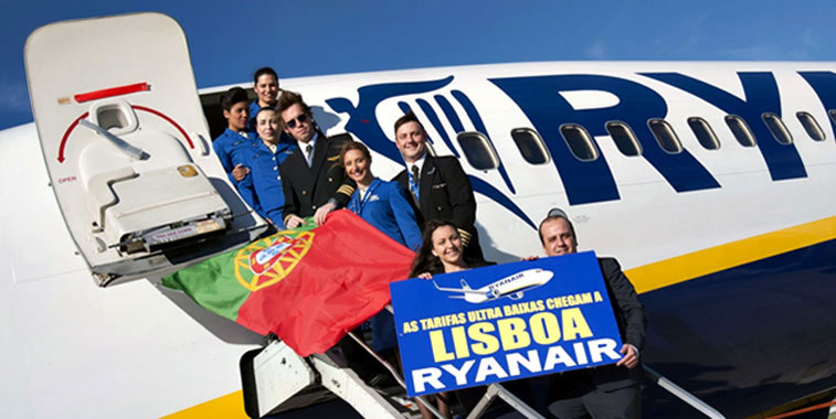 Ryanair staff and crew celebrating the launch of Ryanair's Lisbon base.
