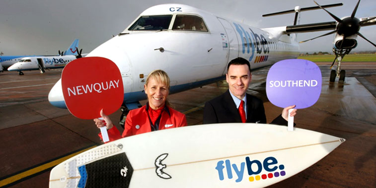Celebrating the take over of easyJet’s Newquay to London Southend route are flybe’s crew members, Michelle Yelland and Lee Gordon.