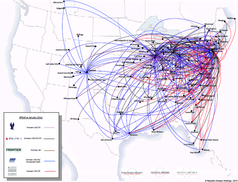 A map of Republic Airways' route network.