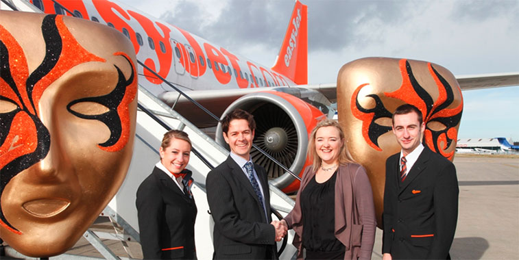 easyJet staff celebrate the launch of the airline's new service from Luton to Venice.