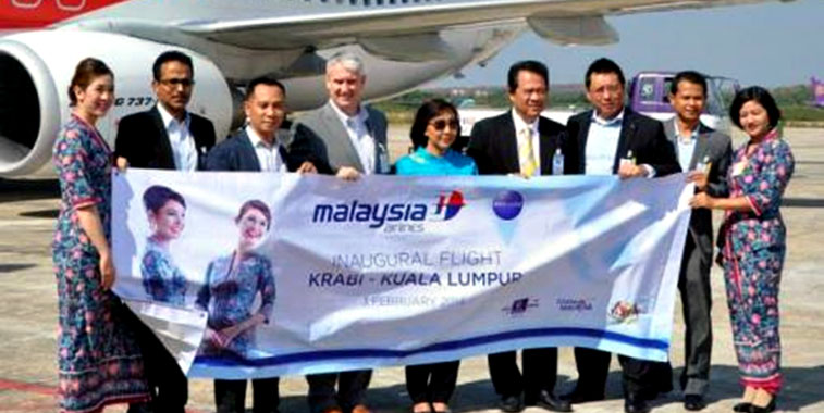 Malaysia Airlines' first flight to Krabi was welcomed at the Thai airport with this banner.