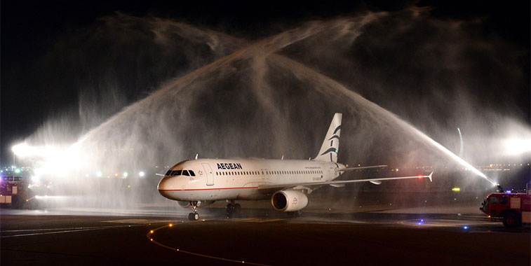Abu Dhabi Airport welcomed with the traditional water arch salute Aegean Airlines’ 168-seat A320