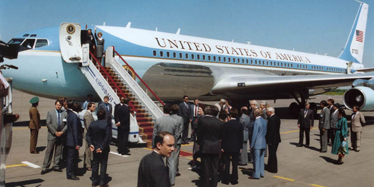 Moscow Vnukovo May 1988 - US President Ronald Reagan arrives to meet with the leader of the then Soviet Union Mikhail Gorbachev.