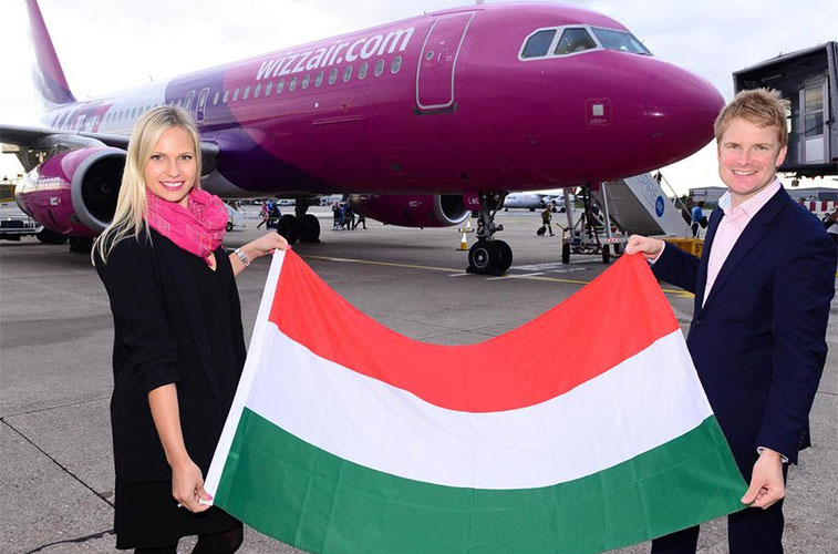 Birmingham Airport arrival of Wizz Airs twice weekly service Budapest