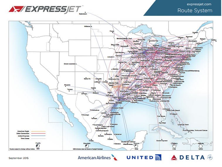 Route map for September 2015 American Airlines United Airlines Delta Air Lines ExpressJet