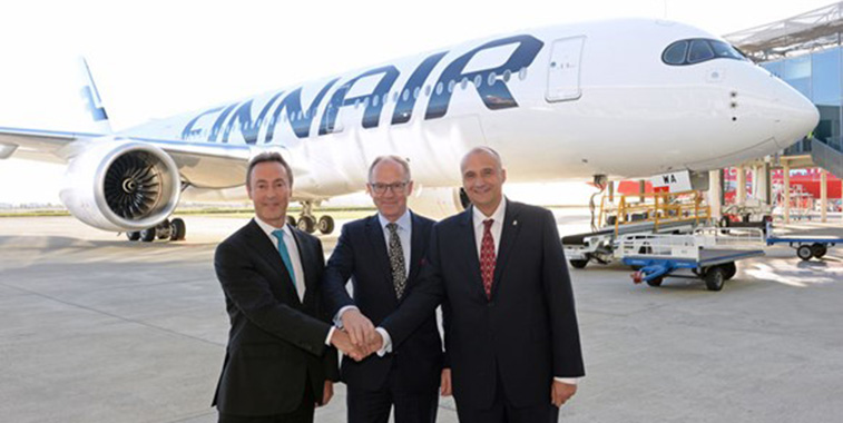 Airbus President and CEO Fabrice Brégier; Finnair CEO Pekka Vauramo; and Eric Schulz, President – Civil Large Engines, Rolls-Royce, celebrate the arrival of Finnair’s first A350 in Toulouse. In the month of October, Airbus has delivered a total of four A350s, two to Qatar Airways, and one to Finnair and Vietnam Airlines respectively.