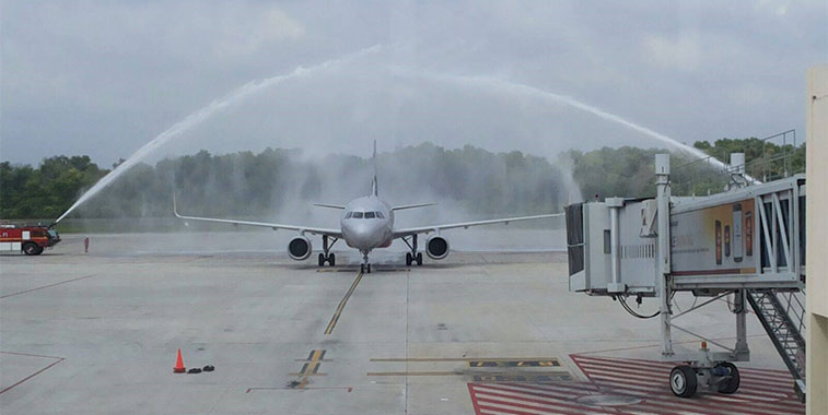 Welcome to Pekanbaru. Jetstar Asia’s inaugural service from Singapore arrived seven minutes ahead of schedule (according to Flightradar24.com) but the fire services were still there in time to welcome the A320 with a water arch salute.