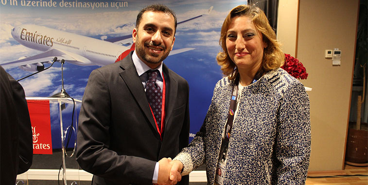 Deal done! Emirates’ Divisional SVP, Strategic Planning, Revenue Optimization & Aeropolitical Affairs, Adnan Kazim, shakes hands with Istanbul Sabiha Gökçen’ Airport Marketing Manager, Aytun Demiral. Demiral spoke to anna.aero at the recent IATA Slot Conference in Singapore where she said that: “We have known for some time that Emirates has wanted to add this service and they already had an aircraft scheduled to serve this route, so it was just a matter of time waiting for Turkey to finalise the air service agreement in October.” 