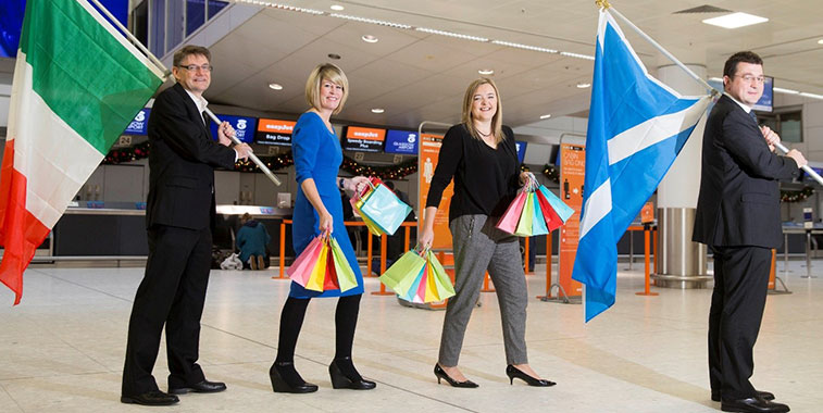 Waving the flags and handing out the goodies for the inaugural easyJet service between Glasgow to Milan Malpensa on 2 December were: Paul White, Business Development Manager Glasgow Airport; Amanda McMillan, CEO AGS Airports; Sophie Dekkers, easyJet’s UK Director; and Francois Bourienne, Commercial Director Glasgow Airport.