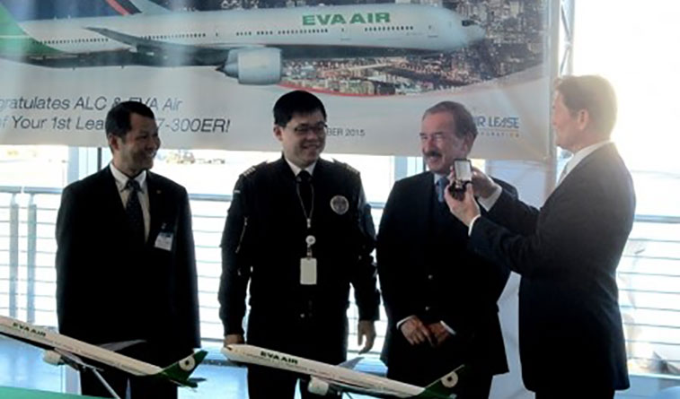 The key to route expansion. Handing over the keys to EVA Air’s new 777-300ER at Boeing’s delivery centre at Everett, Washington last month was the manufacturer’s VP Jeff Klemann. Receiving the keys were EVA Air president Austin Cheng and EVA Air chairman K.W. Chang, with an on-looking Steven Udvar-Hazy, CEO Air Lease Corp. While this was the 22nd 777-300ER in EVA’s fleet, the new aircraft debuts the Taiwan-based carrier’s new livery design and corporate identity. 