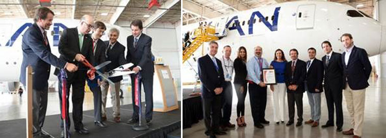 LATAM Airlines hosted a ceremony at Miami Airport on 16 December to celebrate the grand opening of its first maintenance hangar outside of South America. Community and business leaders joined airline and airport officials for the inauguration of the new 98,242-square-foot, state-of-the-art facility, which will service the airline’s passenger and cargo fleet at Miami. Cutting the ribbon in front of one of LAN Airlines’ 787-8s aircraft was Miami Airport Director Emilio T. González with LATAM Airlines executives.