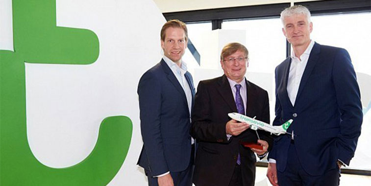 Roy Scheerder, CCO Transavia, Michael Kerkloh, President and CEO Munich Airport and Mattijs ten Brink CEO Transavia celebrate the news that the airline will open its seventh base, and its first outside of its home markets of France and the Netherlands, at the Southern German hub. Initially with four aircraft, Transavia becomes the first LCC to open a base at Munich.