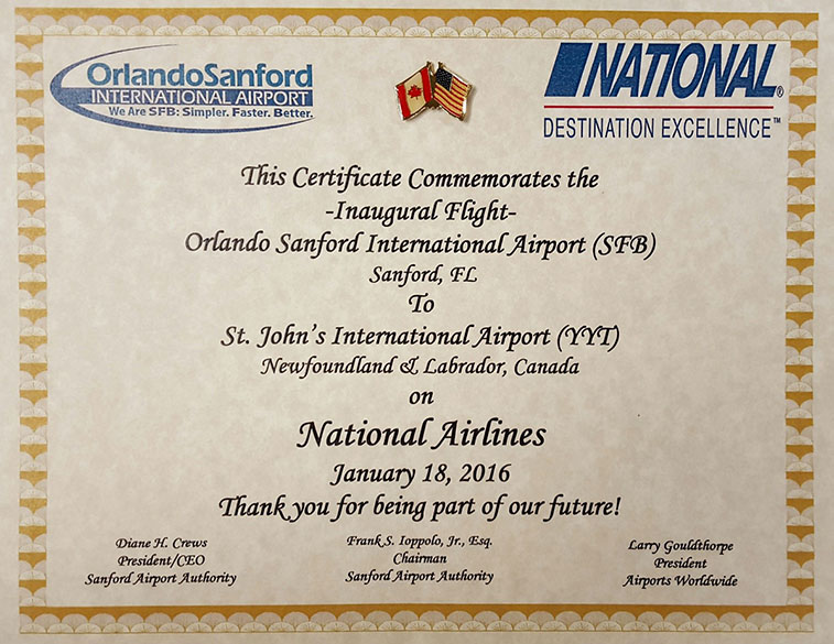 Each passenger on the inaugural National Airlines service from Orlando Sanford to St. John’s received a certificate (above) and a Canadian/American lapel pin on 18 January when the twice-weekly operation started.
