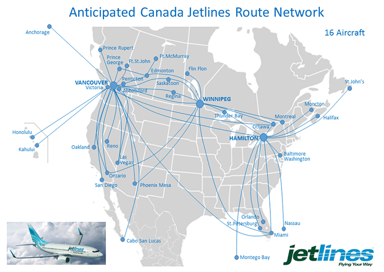 The US - Canada aviation market may soon be welcoming the carrier jetlines. The planned ultra-low-cost airline has already revealed a map showing what its network could look like by the time it reaches a fleet size of 16 aircraft, with a part of it being focused on key leisure markets between the two nations.