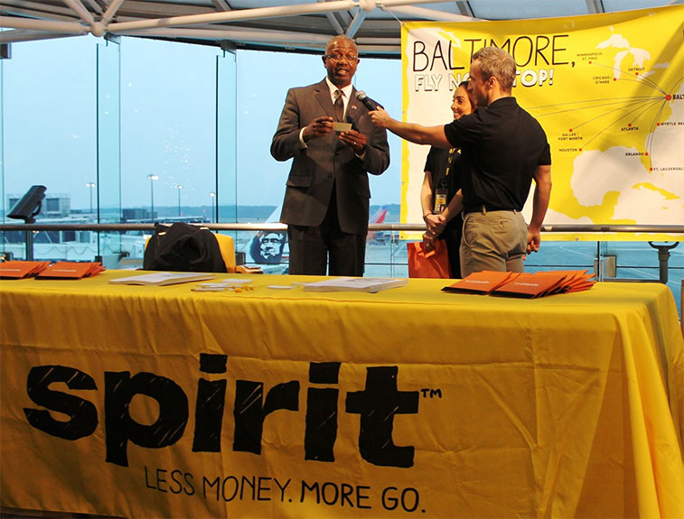 In order to promote its new service from Baltimore/Washington to Orlando, Spirit Airlines held a “Spirit-aneous Giveaway”, which involved prospective passengers giving their name to the airline to be entered into a lucky dip, with a chance to win seats on the first flight to Orlando. The lucky winner also had to be at the airport ready in case they won the tickets. Ricky Smith, Baltimore/Washington Airport CEO, then conducted the draw to name the lucky passenger before boarding commenced.