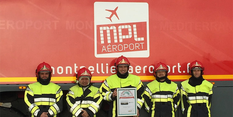Five of the 30-strong Montpellier Airport fire department team were on hand to receive the French airport’s latest award – the coveted Arch of Triumph certificate. On parade were: Fireman Fabien Blanc; Fireman Ariel Persan; Fireman Jérome Borne; Team leader Frédéric Mauduech (what a way to celebrate his first day as team leader); and Fireman Sébastien Carrillo.