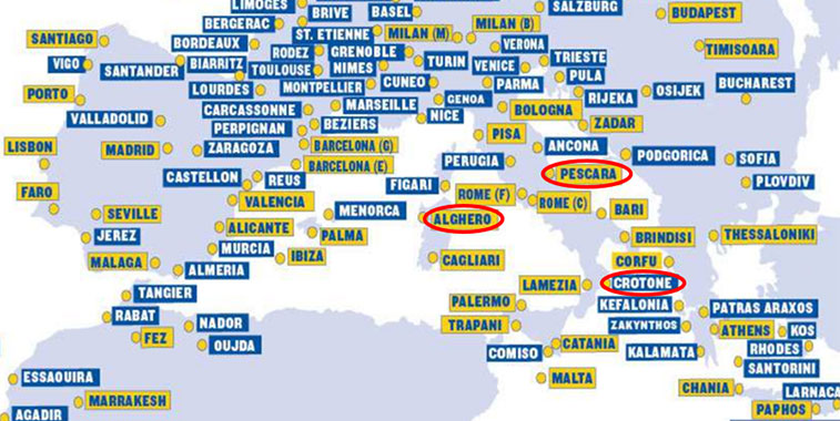 Ryanair has announced plans to close two Italian bases, Alghero and Pescara, and end all services to Crotone from the end of October. According to anna.aero’s research three routes will remain in W16/17 to Alghero and two to Pescara.