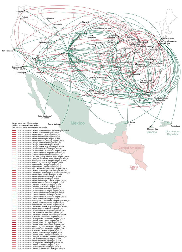 Frontier Airlines is currently the undisputed champion of new US domestic route launches in 2016. Its new routes for 2016 (shown in red) make up almost one-third of the airline’s total network this summer.