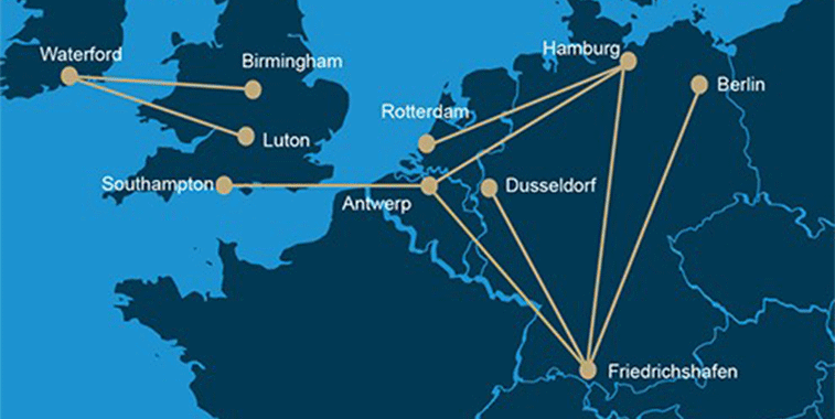 The airline’s route map shows a direct service between Antwerp and Friedrichshafen