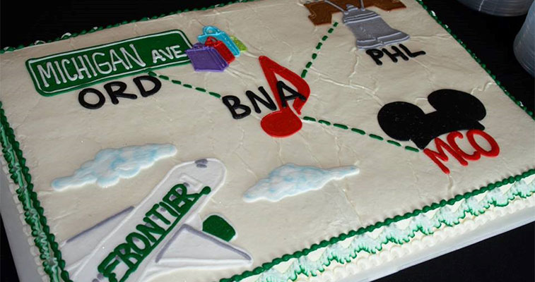 Nashville Airport celebrated the start of Frontier Airlines’ services to Chicago O’Hare, Orlando and Philadelphia with a traditional route launch cake
