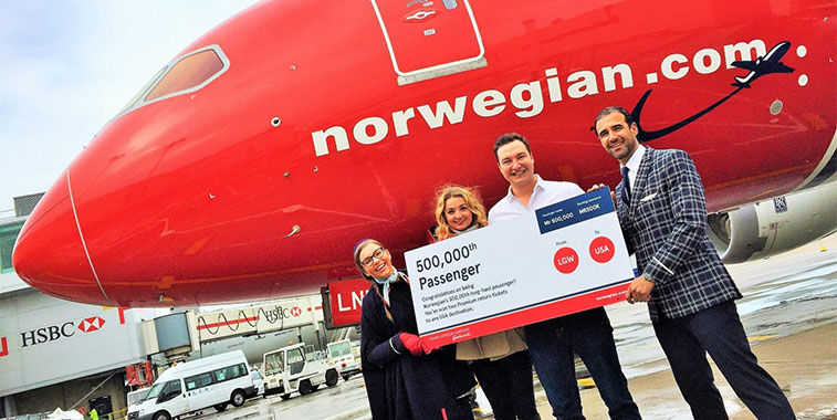 This week Norwegian celebrated the milestone of carrying its 500,000th long-haul passenger from London Gatwick.