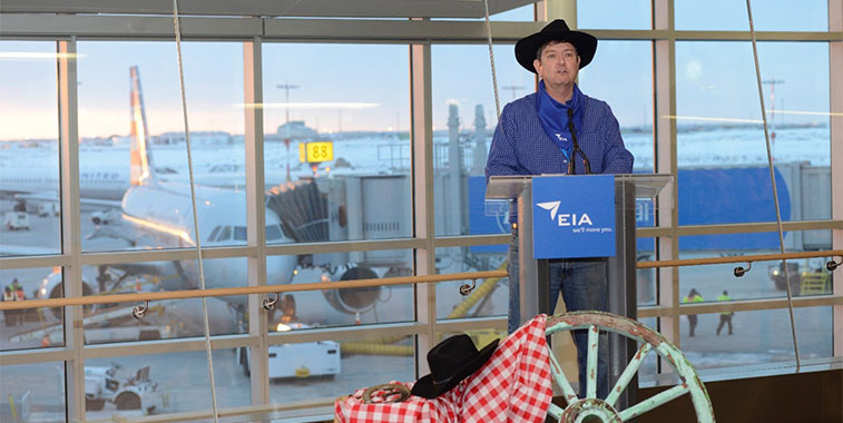 Edmonton Airport President & CEO Tom Ruth wore a cowboy hat to celebrate the launch of American Airlines’ Dallas/Fort Worth to Edmonton service