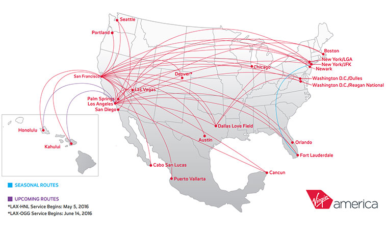 Virgin America’s next two route launches are to Hawaii, both from Los Angeles