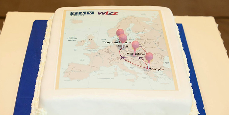 Skopje Airport celebrated the start of Wizz Air services to Copenhagen and Bratislava with this route map cake