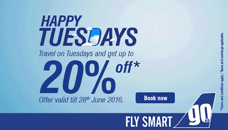 Happy Tuesdays. Despite offering substantial discounts to fly on a Tuesday, GoAir operates 97.3% of the capacity on that day of the week